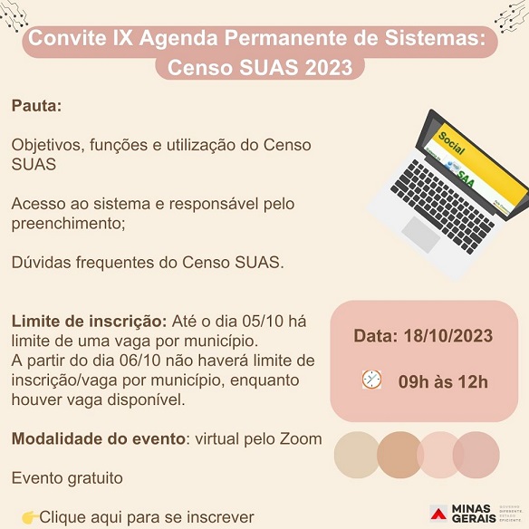 Sedese abre inscrições para IX Agenda Permanente de Sistemas Censo Suas 2023