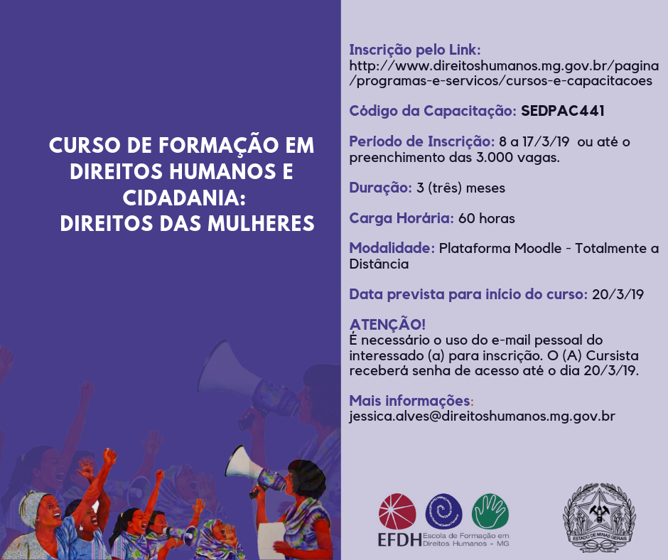 Sedese abre inscrições para Curso de Formação em Direitos Humanos e Cidadania: Direitos das Mulheres 