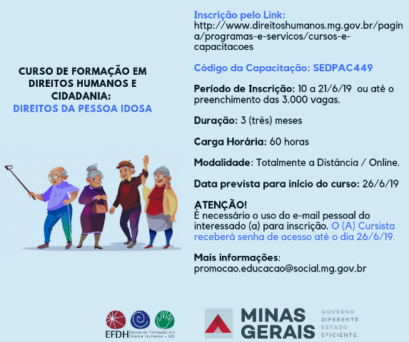 Estado abre inscrições para curso sobre direitos da pessoa idosa 
